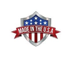 A red white and blue shield with the words " made in usa ".