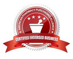 A red and white seal with the words american pharmacy purchasing alliance certified endorsed business.