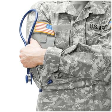 A soldier holding a stethoscope in his hand.