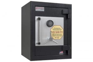 A small black safe with the door open.