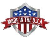 A red white and blue shield with the words " made in usa ".