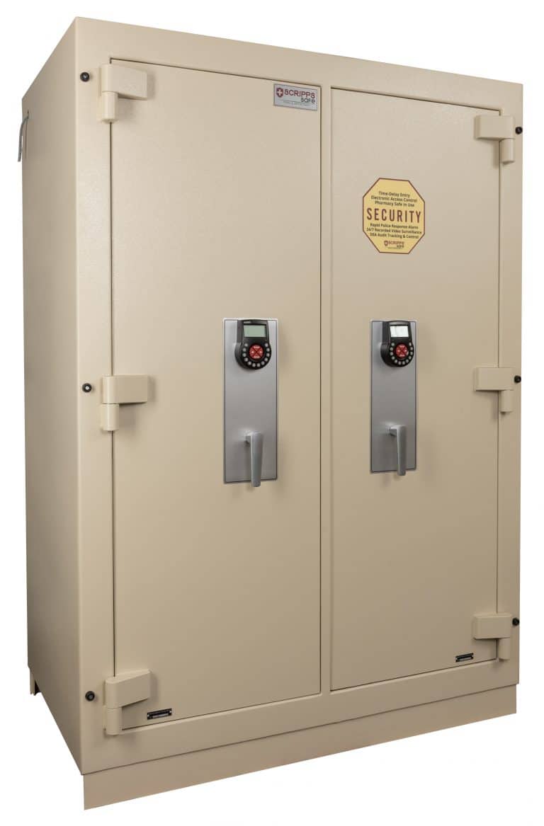 A large safe with two doors and a combination lock.