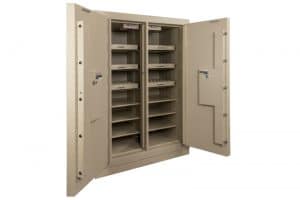 A double door safe with many shelves in it