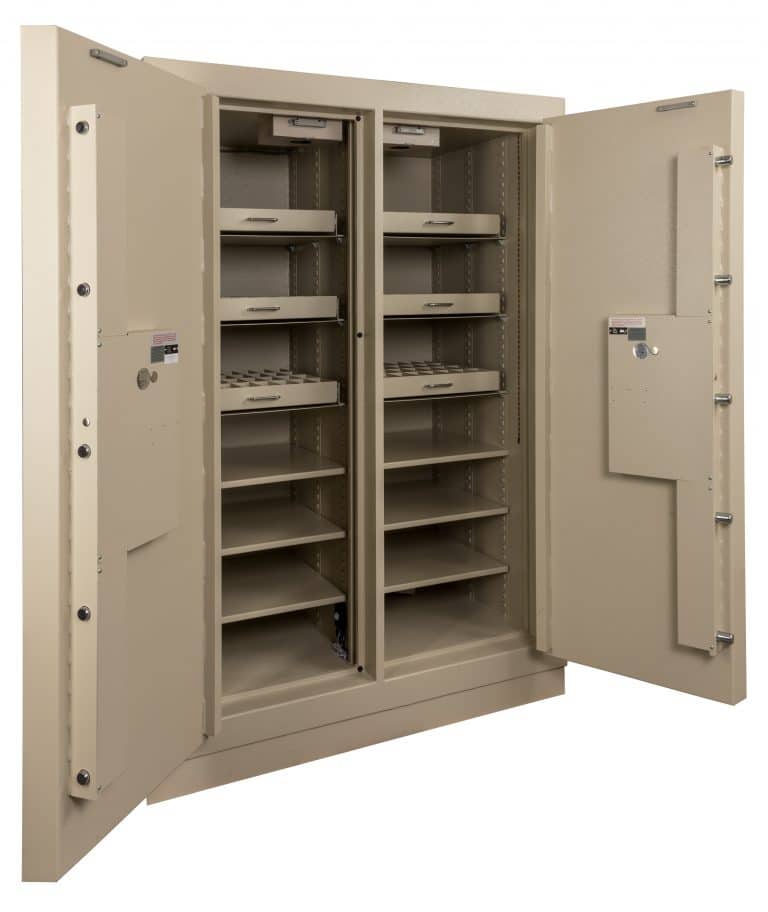 A double door safe with many shelves in it