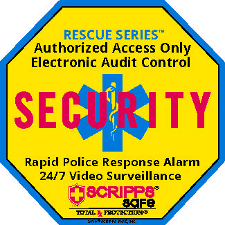 A yellow and blue sign with the word security written on it.